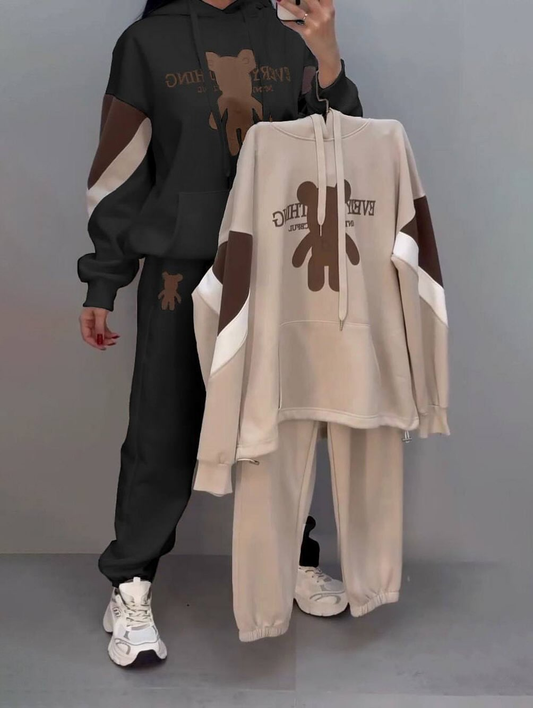 Conjunto de moletom folgado com capuz e blocos de cores