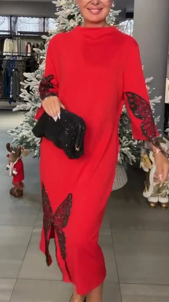 Vestido casual de menina solto com estampado de borboletas e strass, decote redondo