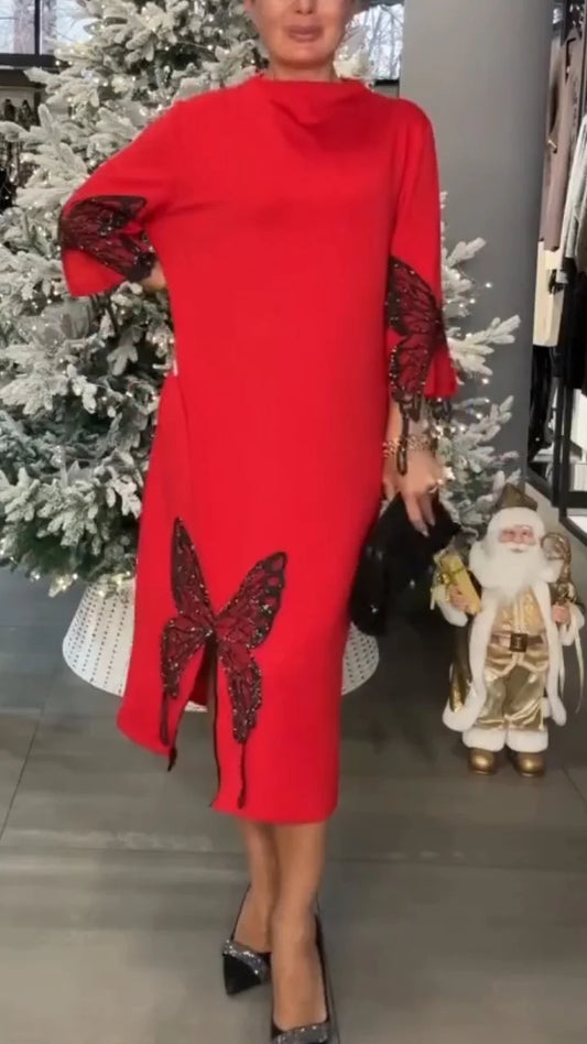 Vestido casual de menina solto com estampado de borboletas e strass, decote redondo