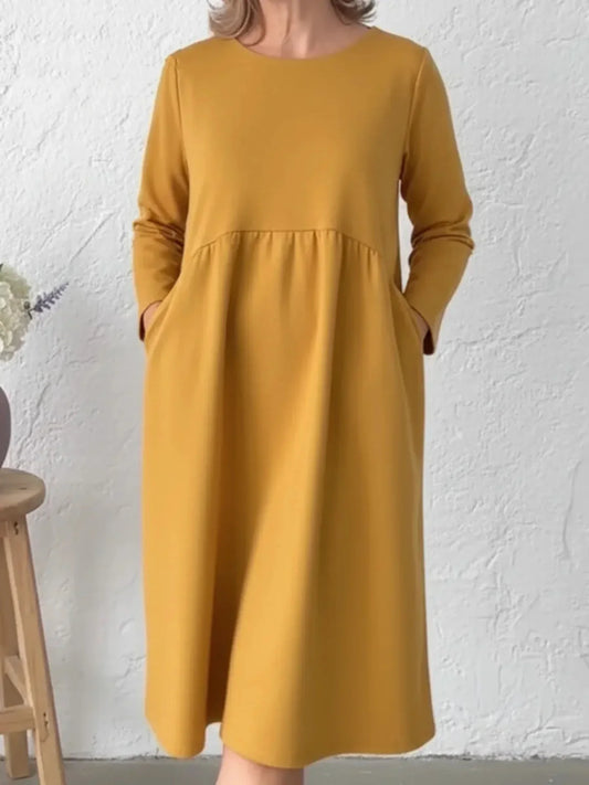 👗Vestido midi largo para mulher com decote redondo e bolsos – conforto sem esforço e elegância para o dia a dia✨
